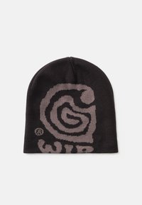 Berretto lavorato a maglia nero con logo a spirale e "WIP" in grigio. Texture morbida e design aderente, adatto per il freddo.