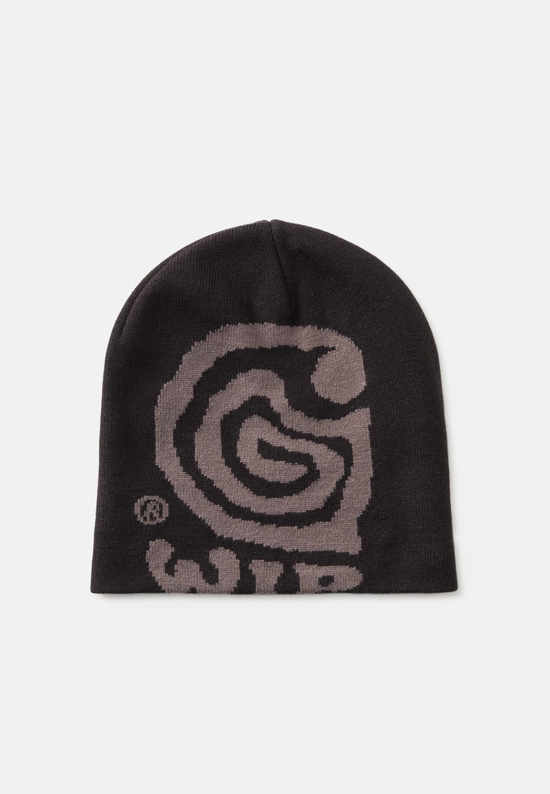 Berretto lavorato a maglia nero con logo a spirale e "WIP" in grigio. Texture morbida e design aderente, adatto per il freddo.