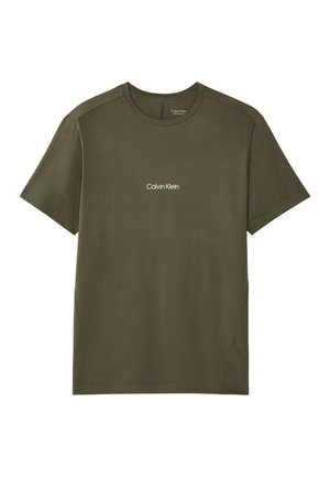 Olívazöld, rövid ujjú, kerek nyakú póló kis, fehér "Calvin Klein" logóval a mellkas közepén.