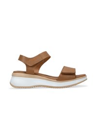 Sandalia de cuero marrón con dos correas ajustables, plantilla acolchada y suela texturizada blanca y beige. Adecuada para uso casual.