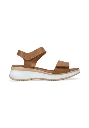 Sandalia de cuero marrón con dos correas ajustables, plantilla acolchada y suela texturizada blanca y beige. Adecuada para uso casual.