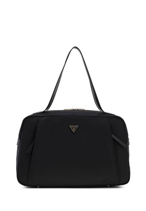 Sac à main rectangulaire noir avec double poignée, fermeture éclair et un petit logo triangulaire Guess au centre avant.