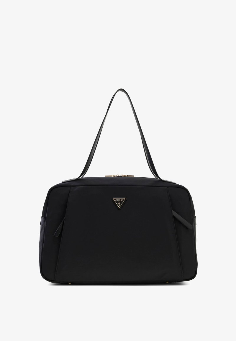 Sac à main rectangulaire noir avec double poignée, fermeture éclair et un petit logo triangulaire Guess au centre avant.