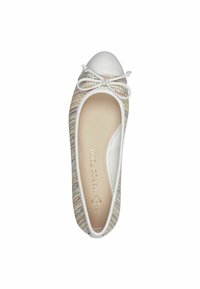 Ballerine avec un dessus tissé multicolore, bout blanc et détail de nœud assorti. Doublure intérieure lisse avec impression du logo.