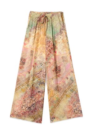 Pantalon à jambes larges avec ceinture élastique et cordon de serrage, avec un motif patchwork vintage floral et géométrique multicolore.