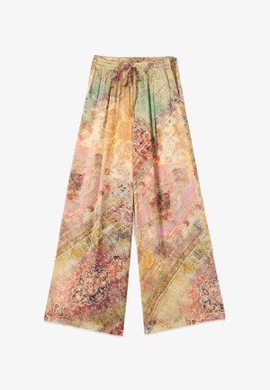 Pantalon à jambes larges avec ceinture élastique et cordon de serrage, avec un motif patchwork vintage floral et géométrique multicolore.