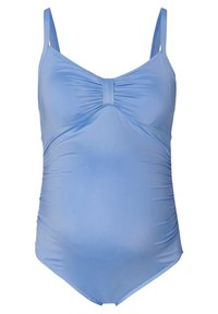 Hellblaue Badeanzug mit gathered Front, verstellbaren Trägern und glatt-elastischem Stoff. Hat eine klassische, figurbetonte Form.