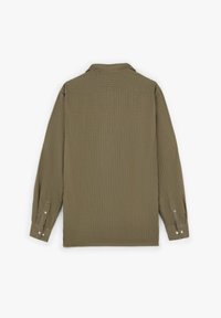 Olive green long-sleeve shirt with a checkered pattern, button-down collar, and cuffed sleeves. Features white buttons and a relaxed fit.