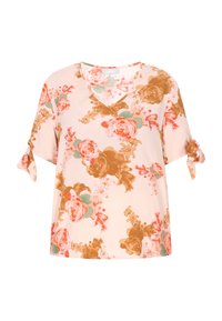 Blusa a maniche corte floreale in rosa chiaro con motivi di fiori marroni e verdi, scollatura a V e dettagli annodati sulle maniche.