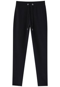 Black sweatpants made of soft fabric, featuring a drawstring waist, side pockets, and tapered legs. Minimalist design with no patterns.