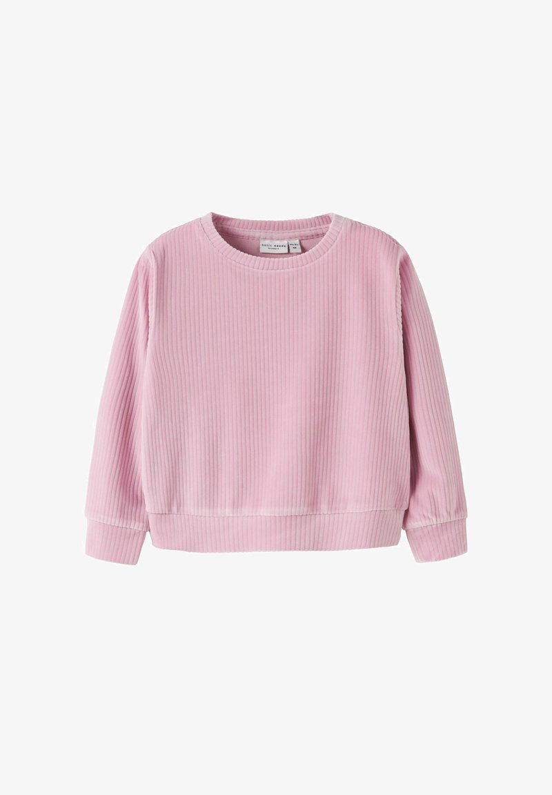 Pink ribbed sweater with long sleeves, round neckline, and elastic cuffs. Soft texture with subtly visible stitching details.