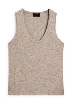 Beżowy top bez rękawów wykonany z miękkiego materiału, z szerokim okrągłym dekoltem, czystymi krawędziami i gładką teksturą. Prosty, minimalistyczny design.