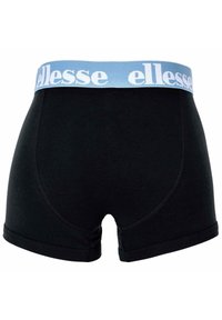 Boxer shorts neri in cotone con un elastico azzurro chiaro che presenta il logo "ellesse" in bianco. Texture liscia, design aderente.