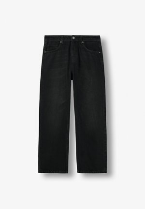 Jean denim noir à coupe droite avec cinq poches, fermeture par bouton et passants pour ceinture, présenté à plat sur un fond blanc.