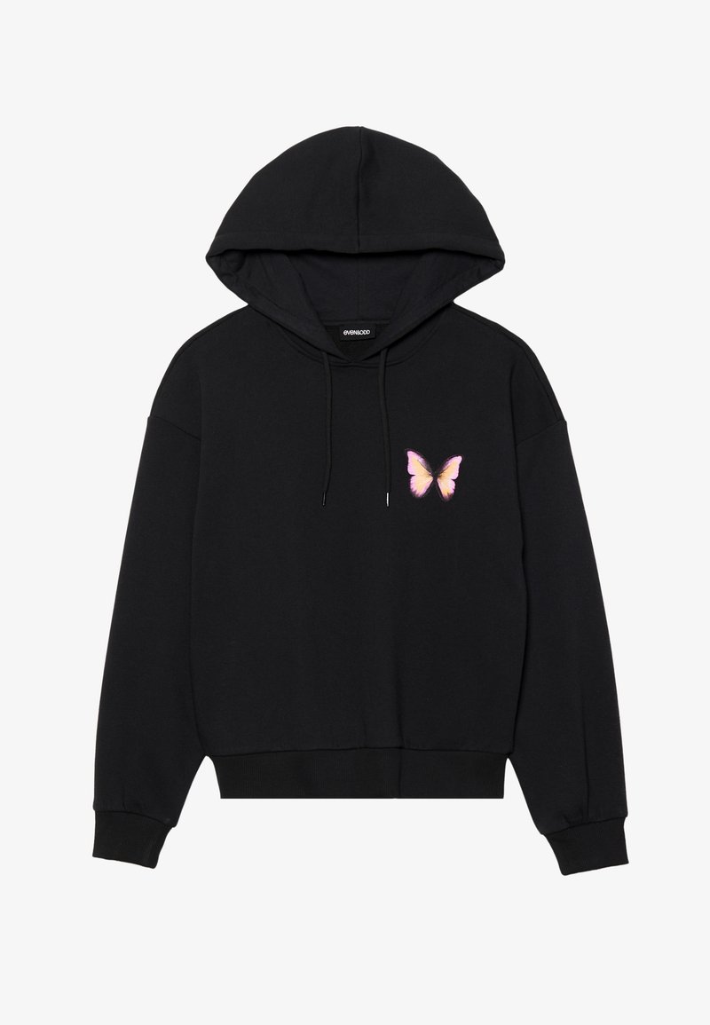 Schwarzer Hoodie mit langen Ärmeln und Kordelzugkapuze. Mit einem pinken und gelben Schmetterlingsgrafik auf der linken Brust. Aus weichem Stoff.