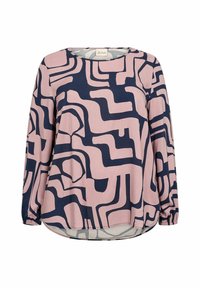 Langærmet bluse i pink med marineblå abstrakte mønstre; lavet af blødt stof med rund halsudskæring og let buet kant.
