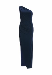 Robe bleu marine à épaule dénudée en tissu lisse, avec une silhouette ajustée et des détails froncés sur le côté, atteignant le mollet.