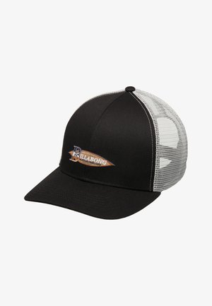 Casquette de baseball noire avec une visière incurvée, arborant un logo brodé orange et bleu à l'avant et des panneaux en filet à l'arrière pour la ventilation.