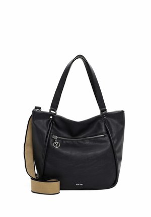 Bolso tote de cuero negro con bolsillo frontal con cremallera, tirador de cremallera plateado, asas dobles y correa para el hombro beige desmontable.