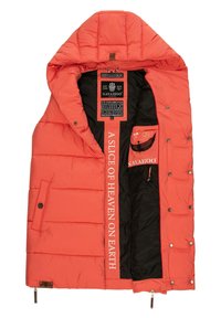 Korallenfarbene Pufferjacke mit Kapuze, ausgestattet mit Druckknöpfen, einer Innentasche und weißem Schriftzug "Ein Stück Himmel auf Erden."