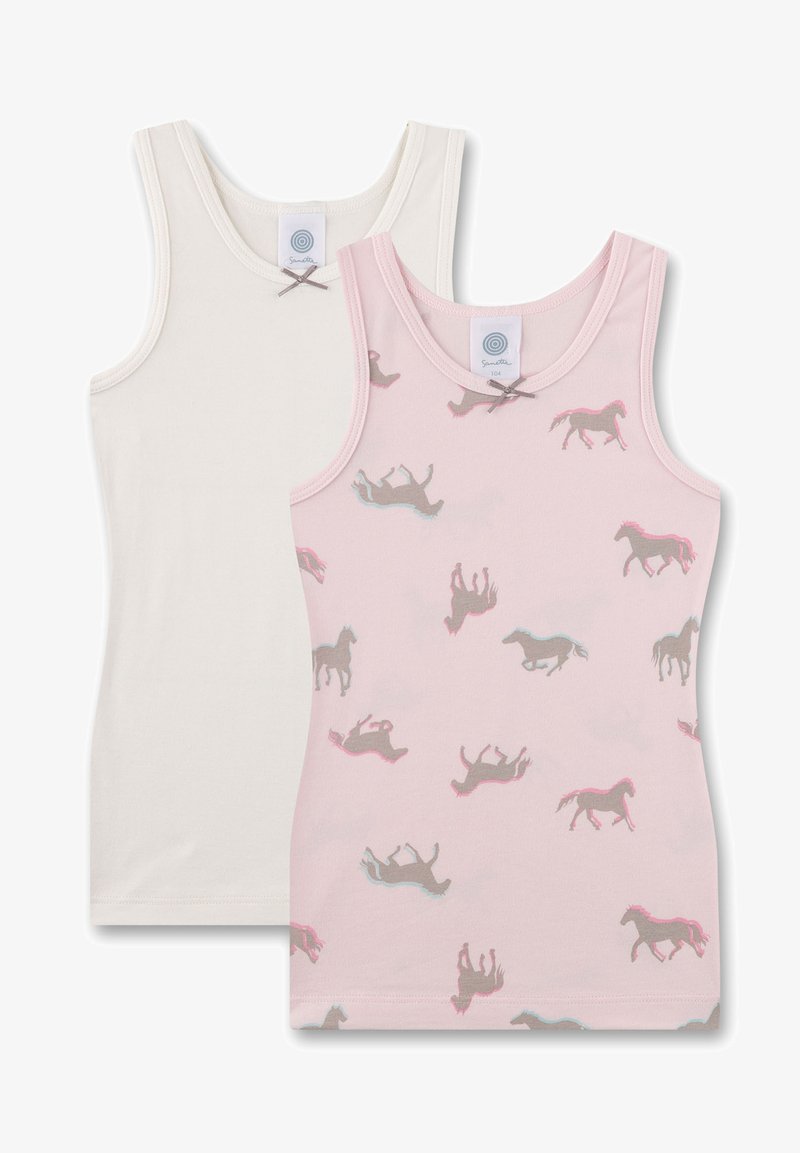 Twee mouwloze tanktops: een witte en een lichtroze met een paardenprint in grijs en roze. Zachte katoenen stof met een ronde hals en rechte zoom.