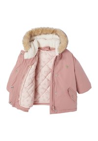 Pink outerwear jacket with a fuzzy hood, lined with soft cream material, featuring a floral quilted inner design and side pockets.