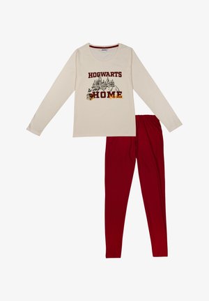 Maglietta a maniche lunghe di colore crema con grafica "Hogwarts HOME" e leggins rossi. Tessuto morbido, vestibilità rilassata, con scollatura rotonda e vita elastica.