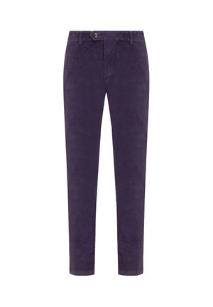 Pantalones de pana en púrpura profundo, con un diseño de pierna recta, bolsillos delanteros, cierre de un solo botón y textura acanalada en toda su superficie.