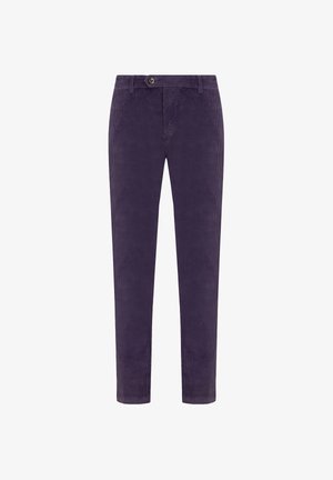 Corduroy trousers in deep purple, featuring a straight-leg design, front pockets, a single button closure, and ribbed texture throughout.
