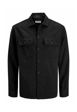 Crna košulja na kopčanje od mješavine vune, s ovratnikom, dva prsna džepa s preklopom i ravnim krojem.