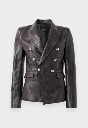 Dark brown leather blazer with a crocodile texture, double-breasted design, silver buttons, and dual front pockets.