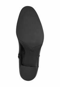 Black leather shoe sole with a textured surface, featuring a rounded toe and smooth edges. Size marked as 37.