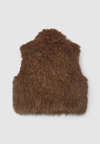 Braune Kunstfellweste mit hohem Kragen, strukturierter Oberfläche und ohne Verschlüsse. Die Rückansicht betont die Weichheit und den plüschigen Eindruck.