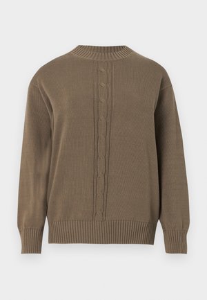 Καφέ πλεκτό πουλόβερ με στρογγυλή λαιμόκοψη, μακριά μανίκια, ριμπ μανσέτες και τελείωμα, και κάθετο σχέδιο καλωδιακής πλέξης στο κέντρο εμπρός.