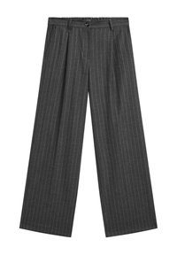 Grijze wijde broek met krijtstrepen, voorzien van een knoopsluiting, plooien, twee zijzakken en een gladde textuur.