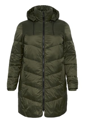 Giacca a puffo verde con cappuccio, dotata di zip frontale, tasche laterali e motivo trapuntato a chevron. Realizzata in materiale lucido e leggero.