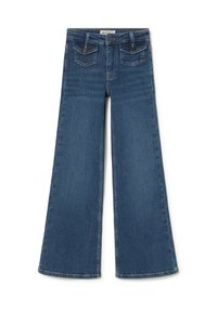 Jeans de pierna ancha y acampanada en denim azul oscuro. Presentan una cintura a media altura, dos bolsillos traseros y un detalle de costura clásica a lo largo de las costuras.