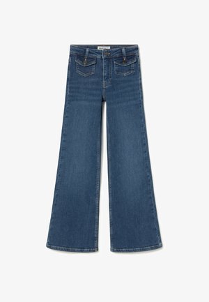 Jeans de pierna ancha y acampanada en denim azul oscuro. Presentan una cintura a media altura, dos bolsillos traseros y un detalle de costura clásica a lo largo de las costuras.