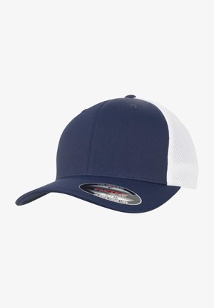 Casquette bleu marine avec visière incurvée, fabriquée en tissu ; présente des panneaux en maille blanche à l'arrière pour la ventilation. Contient un détail de logo sur la visière.