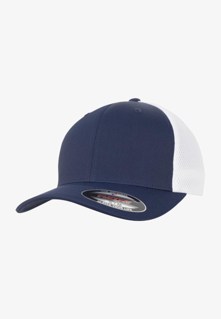 Navy blue cap with a curved visor, made from fabric; features white mesh panels on the back for ventilation. Contains logo detail on the visor.