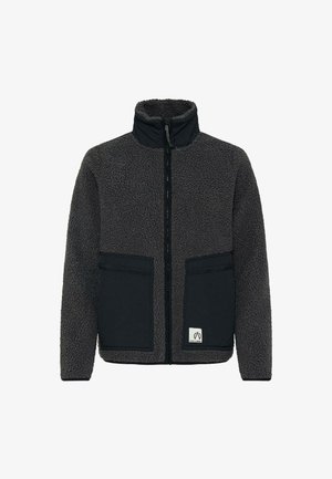 Veste en polaire gris foncé avec un col montant, fermeture éclair complète et des accents en panneau noir. Dotée de deux poches avant et d'une écusson logo en bas.