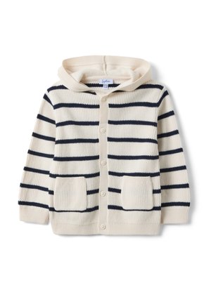 Cremefarbener Strick-Kapuzenpullover mit Knöpfen, navyblaue horizontale Streifen und zwei Fronttaschen, für Kinder entworfen.