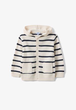 Felpa con cappuccio in maglia color crema con bottoni, con strisce orizzontali blu navy e due tasche frontali, progettata per un bambino.
