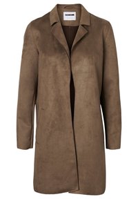 Ruskea nahkatakki, jossa on lovettu kaulus, avoin etuosa ja pitkät hihat. Takissa on sileä pinta ja minimalistinen muotoilu.