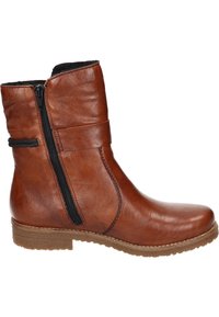 Bottine en cuir marron avec une fermeture éclair latérale, bout rond et tige texturée. Elle présente un léger talon et une semelle en caoutchouc robuste.