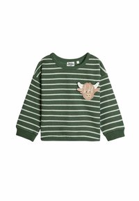 Vihreä raidallinen pitkähihainen paita, jossa on sarjakuvamainen lehmänpää-patch. Materiaali on pehmeä, ja hihansuissa on ribbaus sekä pyöreä kaula-aukko.