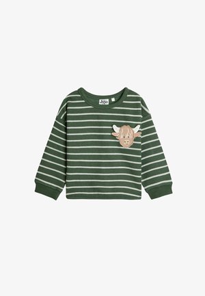 Žalios juostelės ilgomis rankovėmis marškiniai su pieštuku nupiešta karvės galvos aplikacija. Medžiaga minkšta, su rūbų rankogaliais ir apvaliu iškirpimu.