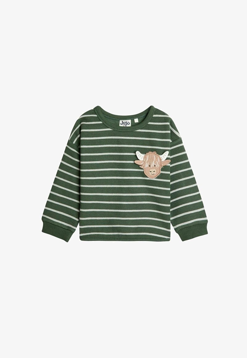 Zielona w pasy koszula z długim rękawem z naszywką w kształcie głowy kreskówkowej krowy. Materiał jest miękki, z prążkowanymi mankietami i okrągłym dekoltem.