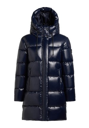 Glanzend marineblauw donsjack met capuchon, ritssluiting aan de voorkant, drukknoopsluiting, zijzakken en zwarte trekkoorden aan de capuchon.