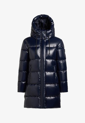 Veste matelassée brillante bleu marine avec capuche, fermeture éclair frontale, boutons-pression, poches latérales et cordons noirs sur la capuche.
